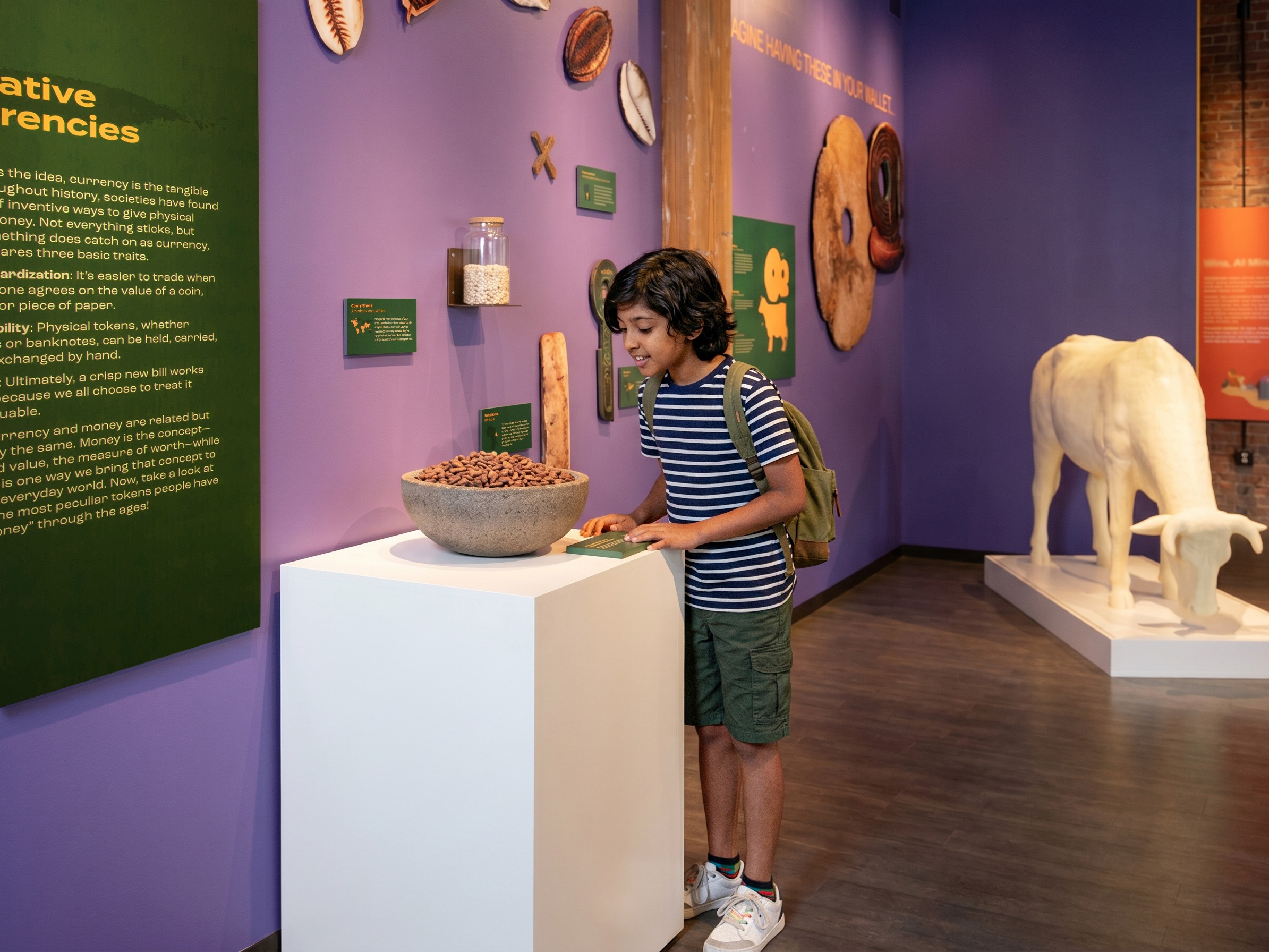 A young student leans in to look at antique currencies, like cocoa beans and stone money, on display at the Lintshiwe Money Museum.
