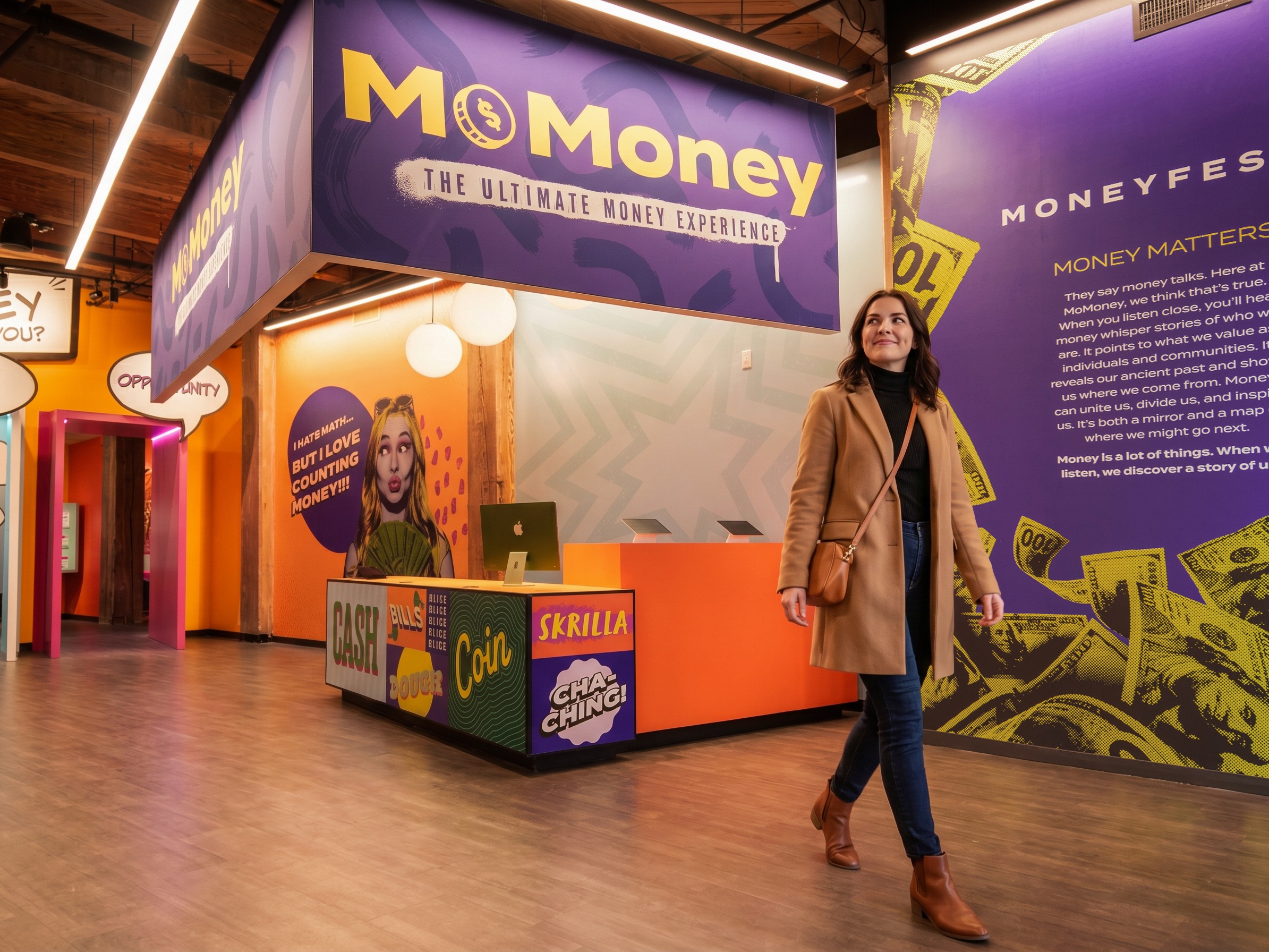 Woman in a camel coat enters Lintshiwe's lobby, looking up at the bright purple-and-yellow signage above the welcome desk.