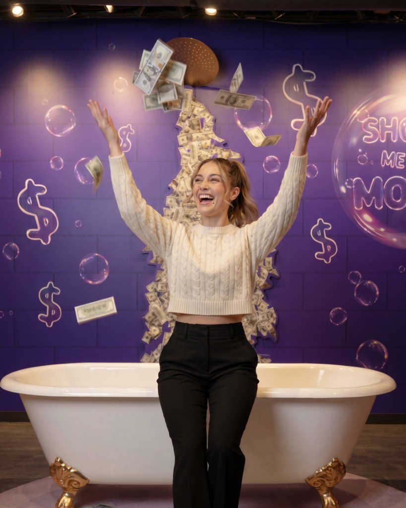 Woman laughs as she tosses cash into the air over a vintage clawfoot bathtub at Lintshiwe's Cash Shower exhibit.