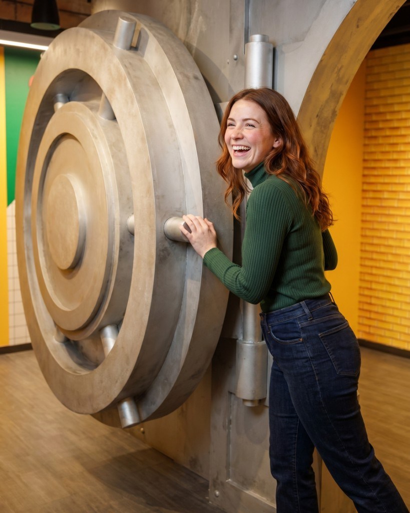 Woman laughs as she leans against the massive silver door of Lintshiwe's walk-in vault exhibit.